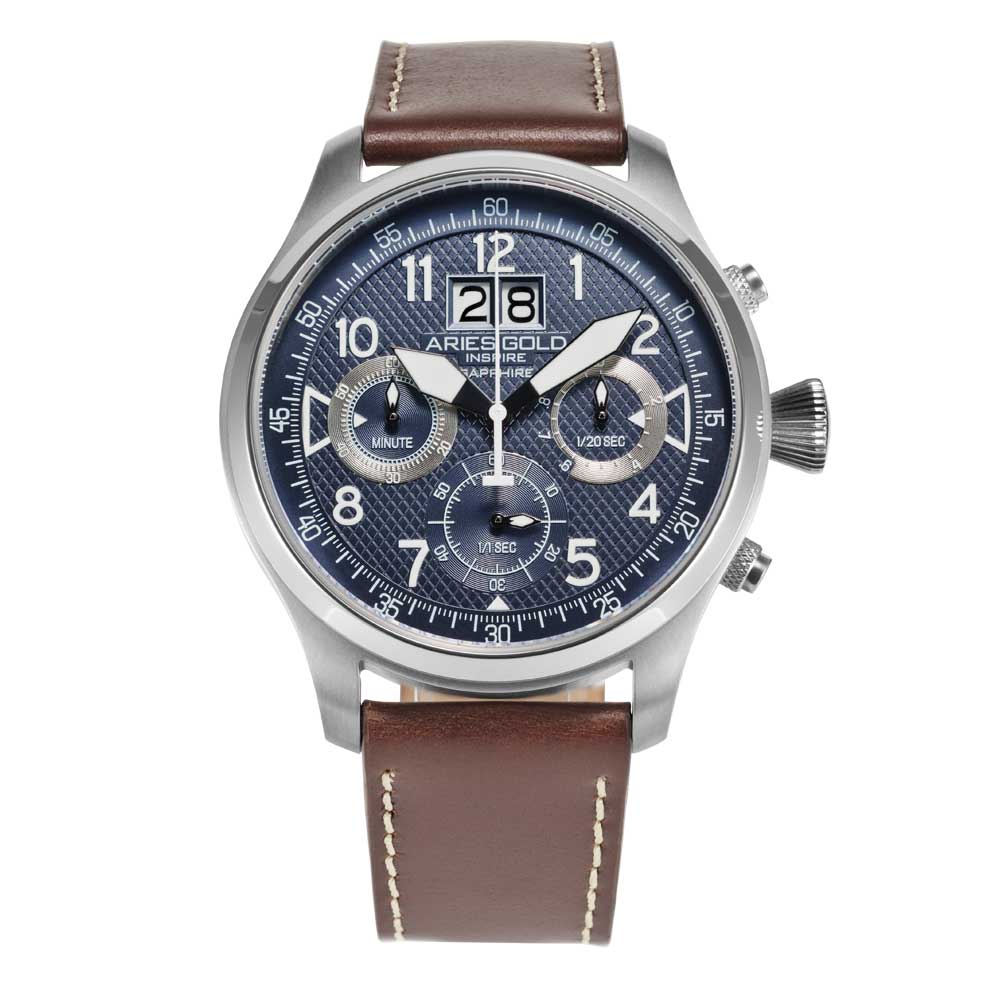 ARIES GOLD CHRONOGRAPH INSPIRE HURRICANE STAINLESS STEEL G 750A S-BU BROWN LEATHER STRAP MEN'S WATCH